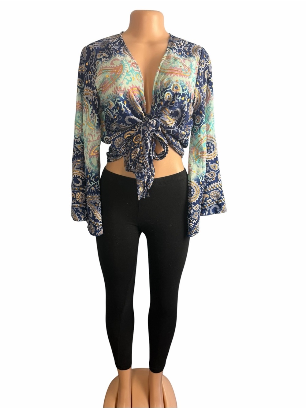 Tie Front Paisley Print Silk Blend Crop Top Blue Multi Belle Sleeves - Picture 3 of 10